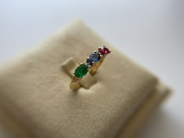 0.65ct Ruby & 0.38ct Emerald & 0.54ct Blue Sapphire & Diamond 14K YG Triple Stone Ring - Image 6