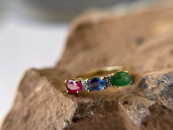 0.65ct Ruby & 0.38ct Emerald & 0.54ct Blue Sapphire & Diamond 14K YG Triple Stone Ring - Image 2