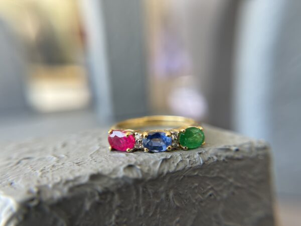 0.65ct Ruby & 0.38ct Emerald & 0.54ct Blue Sapphire & Diamond 14K YG Triple Stone Ring - Image 3